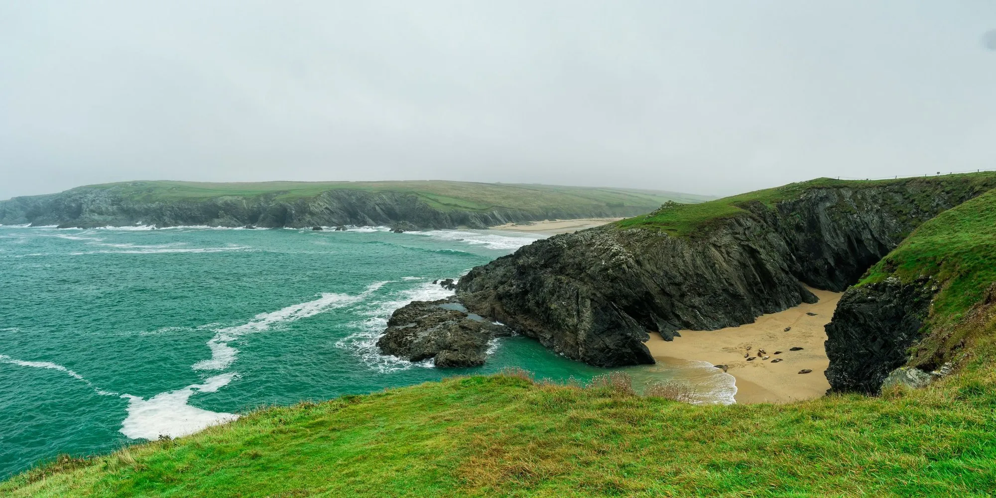 A wide bay seen from the cliffs, turquoise water and green headlands